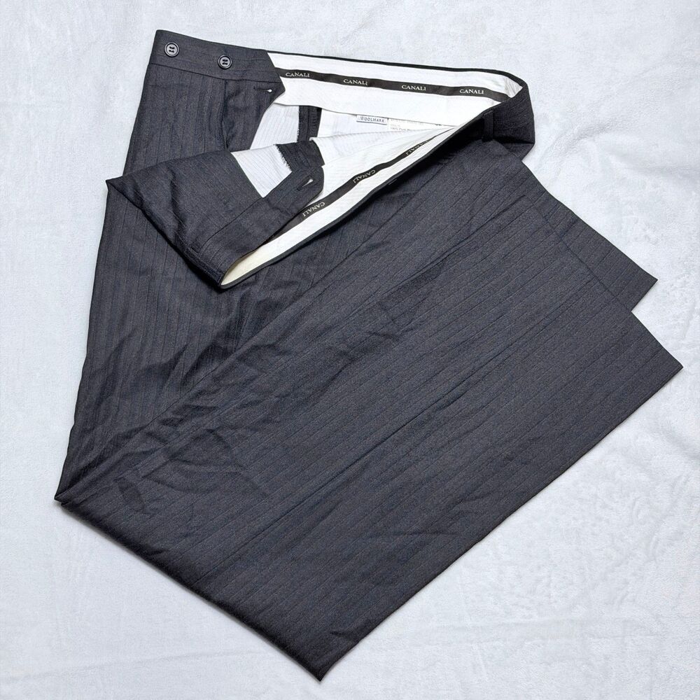 Canali Mens Gray Brown Striped Wool Flannel Dress Pants Trousers 36W Flat Front